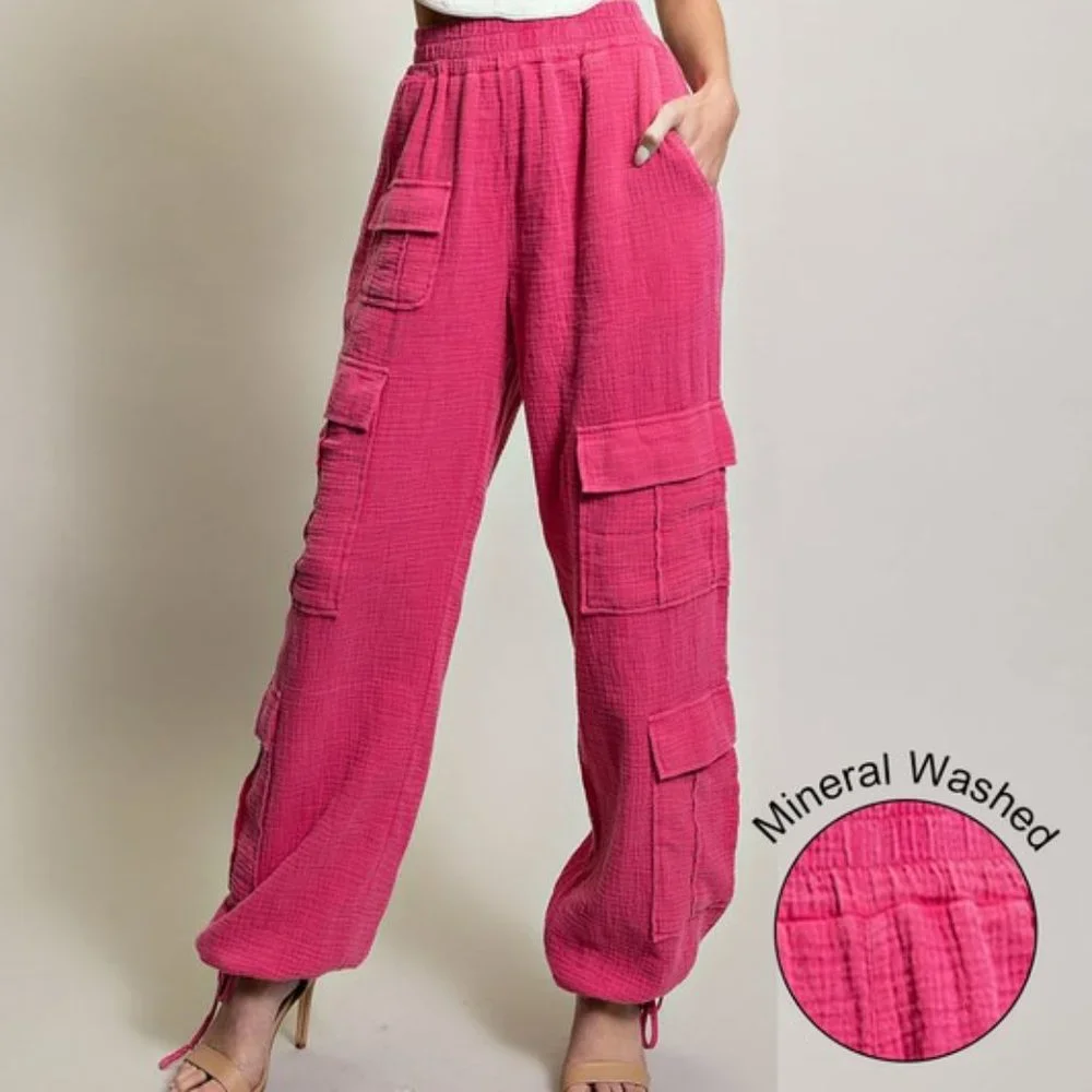 Hot Pink Mineral Washed Cotton Elastic Waist Cargo Pants - Picture 2 of 6